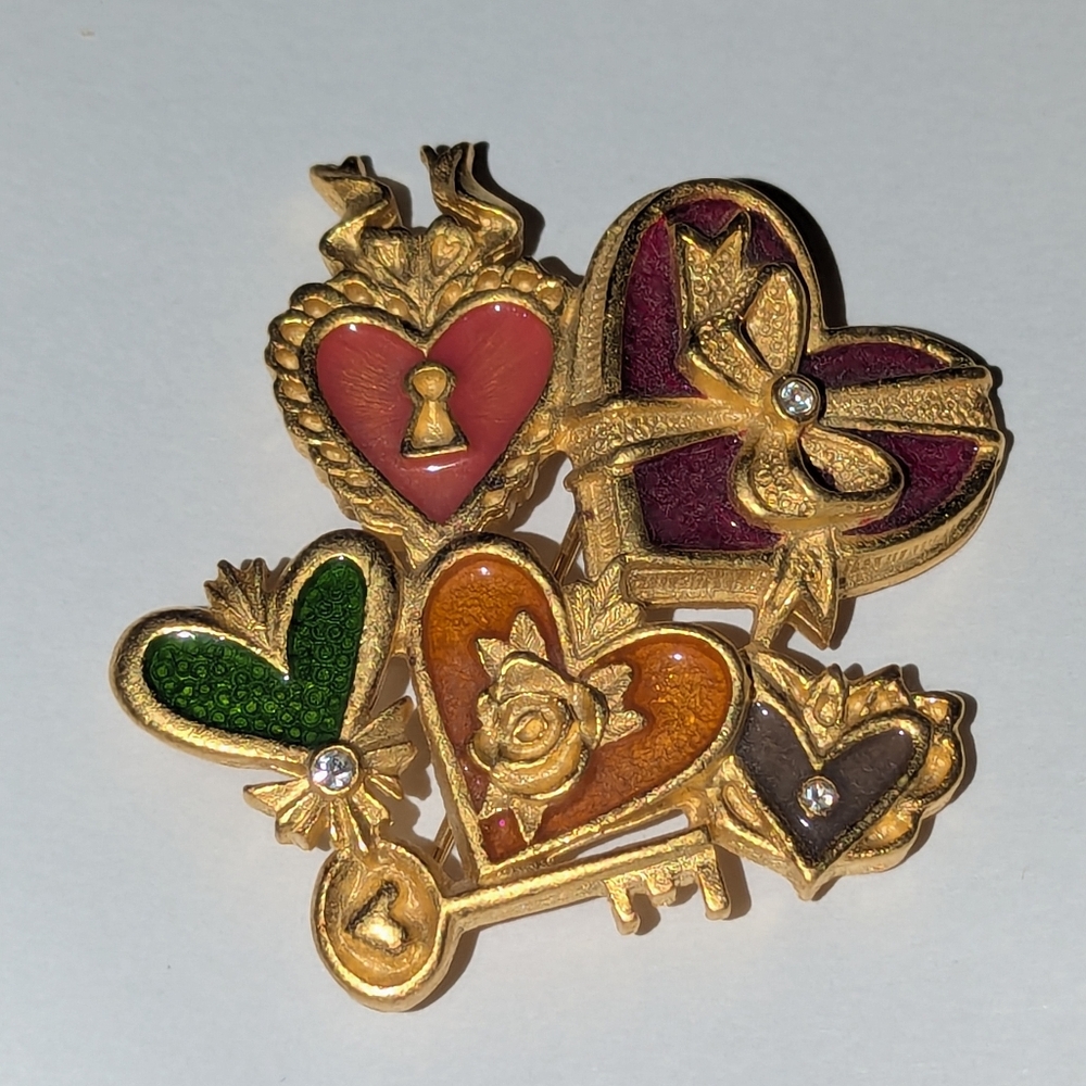 Bob Mackie Rare Gold Heart Key Brooch with Multicolor Accents